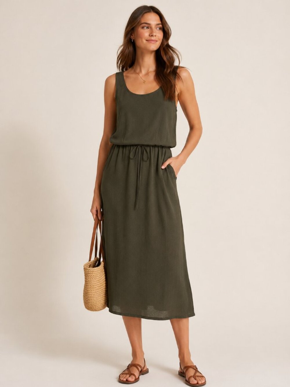Joe Fresh Olive Green Sleeveless Midi Dress